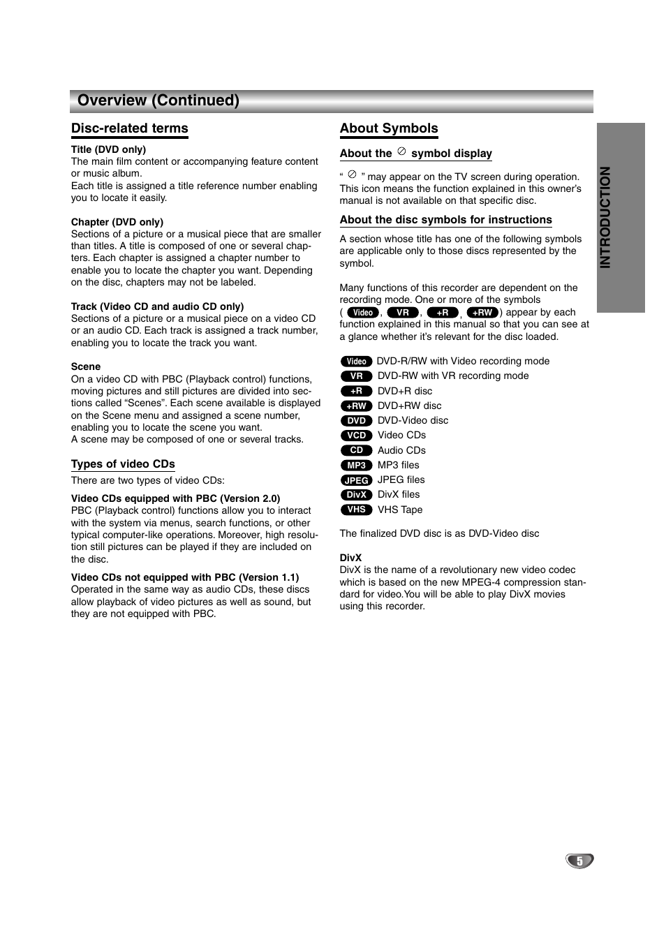 Overview (continued), Disc-related terms, About symbols | Intr oduction | NEC NDRV-62 User Manual | Page 5 / 61