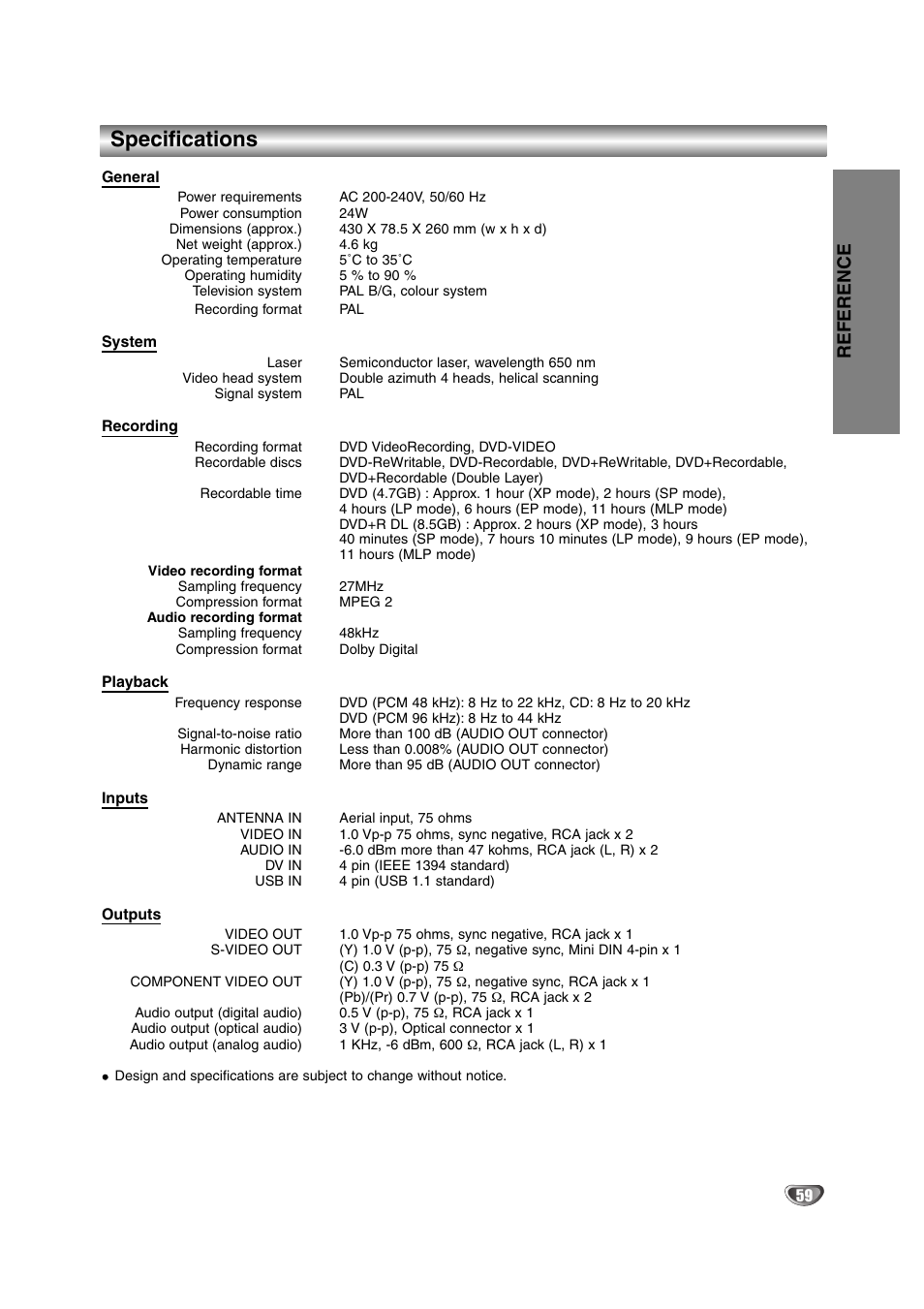 Specifications, Reference | NEC NDRV-62 User Manual | Page 59 / 61