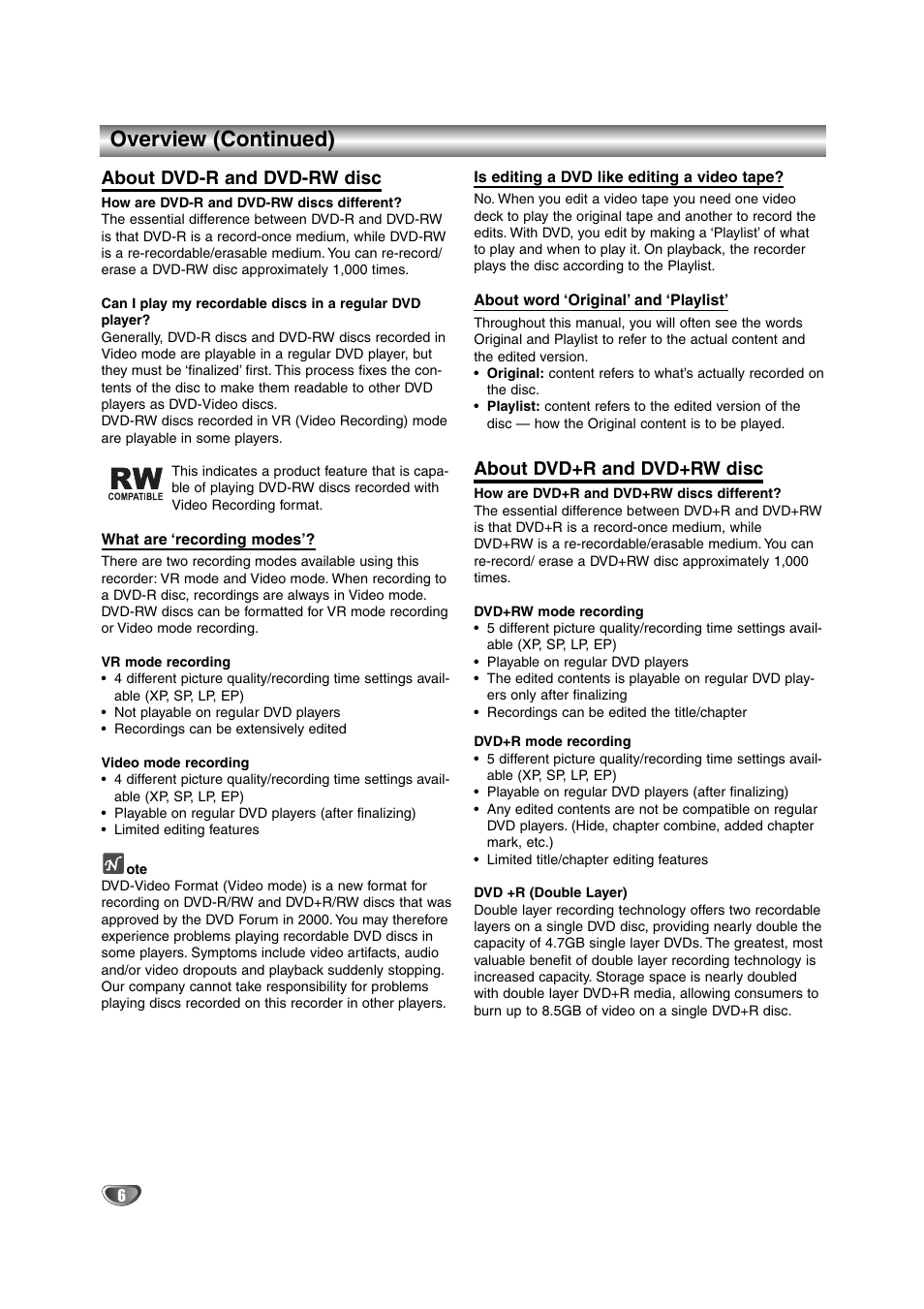 Overview (continued), About dvd-r and dvd-rw disc, About dvd+r and dvd+rw disc | NEC NDRV-62 User Manual | Page 6 / 61