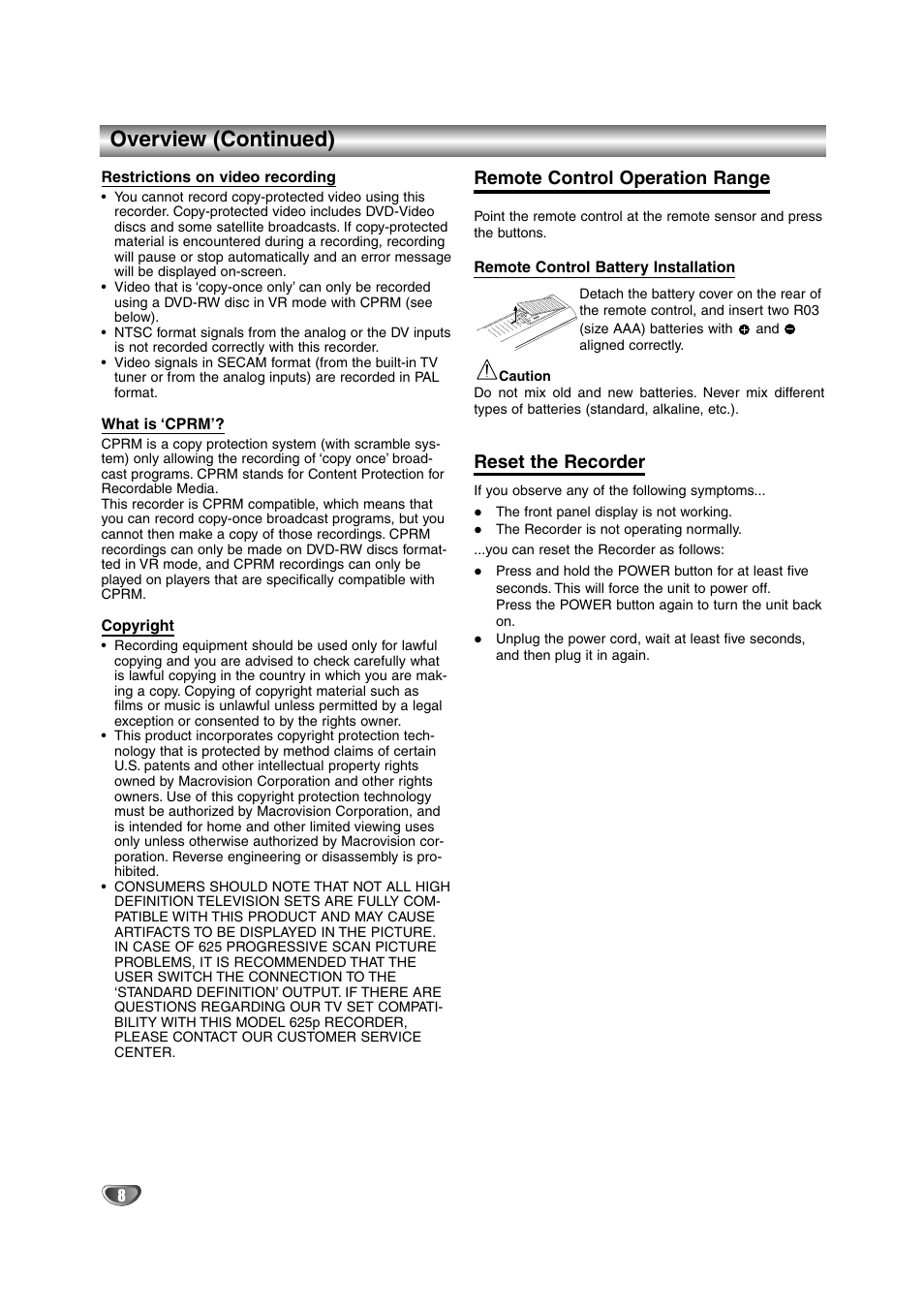 Overview (continued), Remote control operation range, Reset the recorder | NEC NDRV-62 User Manual | Page 8 / 61