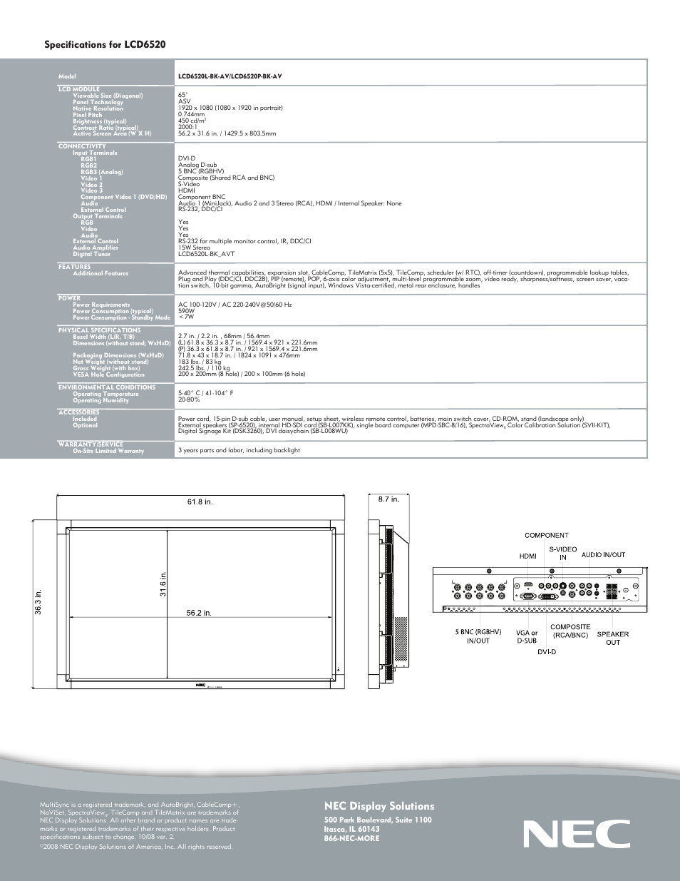 Nec display solutions, Specifications for lcd6520 | NEC LCD6520 User Manual | Page 2 / 2