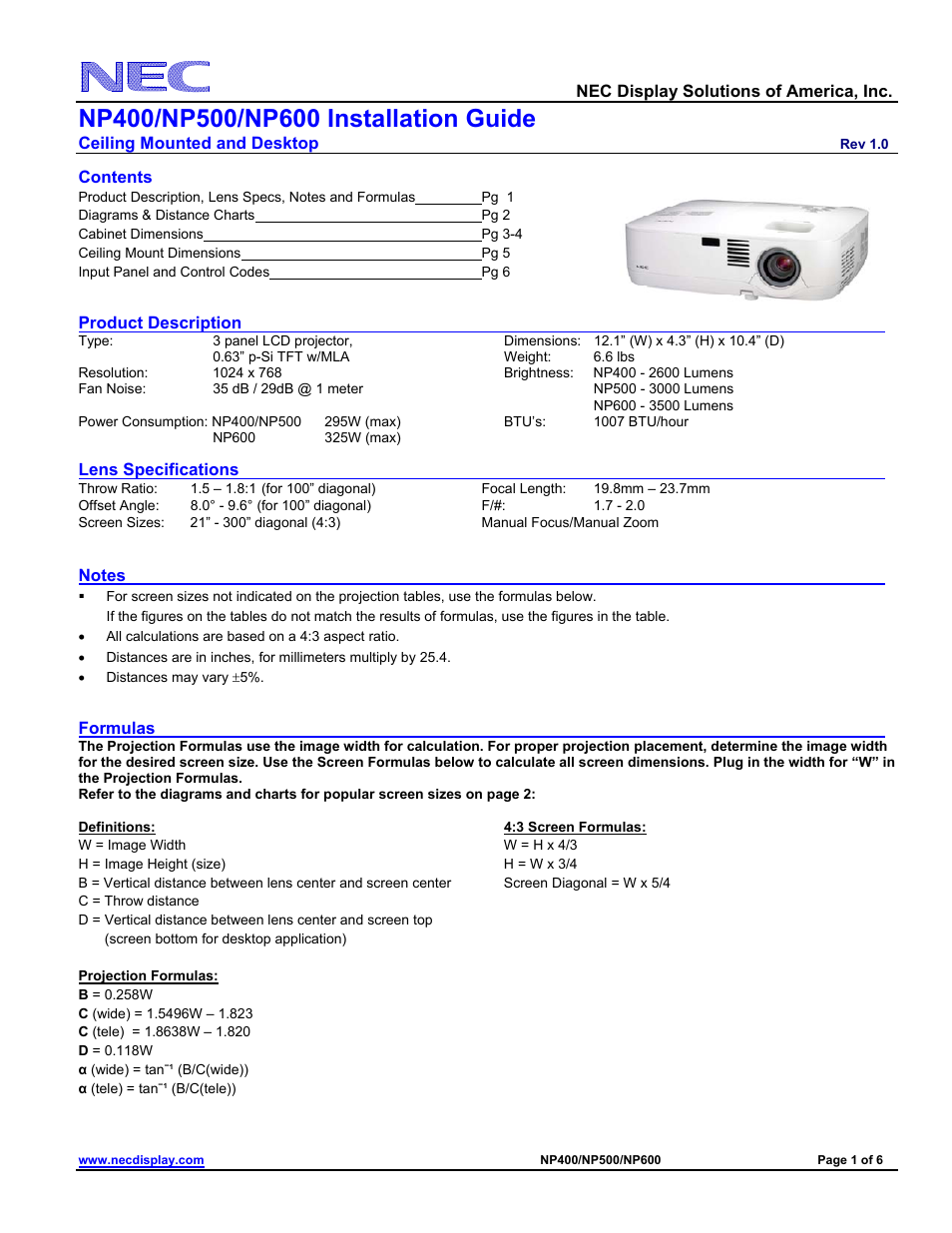 NEC NP400 User Manual | 6 pages
