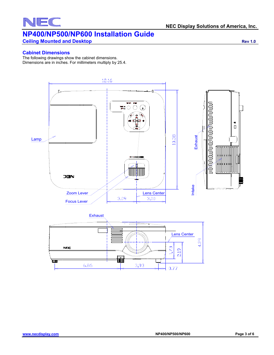 Cabinet dimensions, Nec display solutions of america, inc, Ceiling mounted and desktop | NEC NP400 User Manual | Page 3 / 6