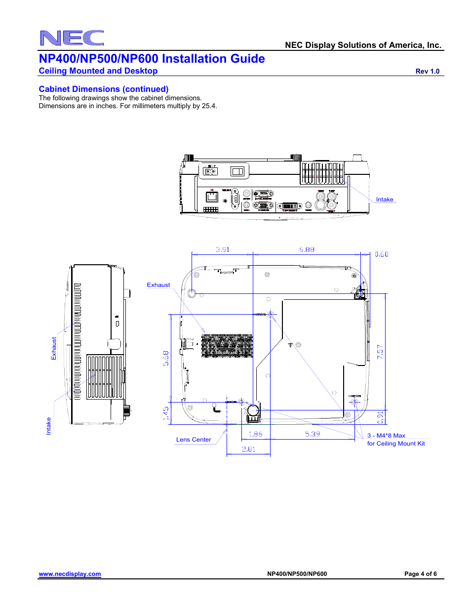 Cabinet dimensions (continued), Nec display solutions of america, inc, Ceiling mounted and desktop | NEC NP400 User Manual | Page 4 / 6