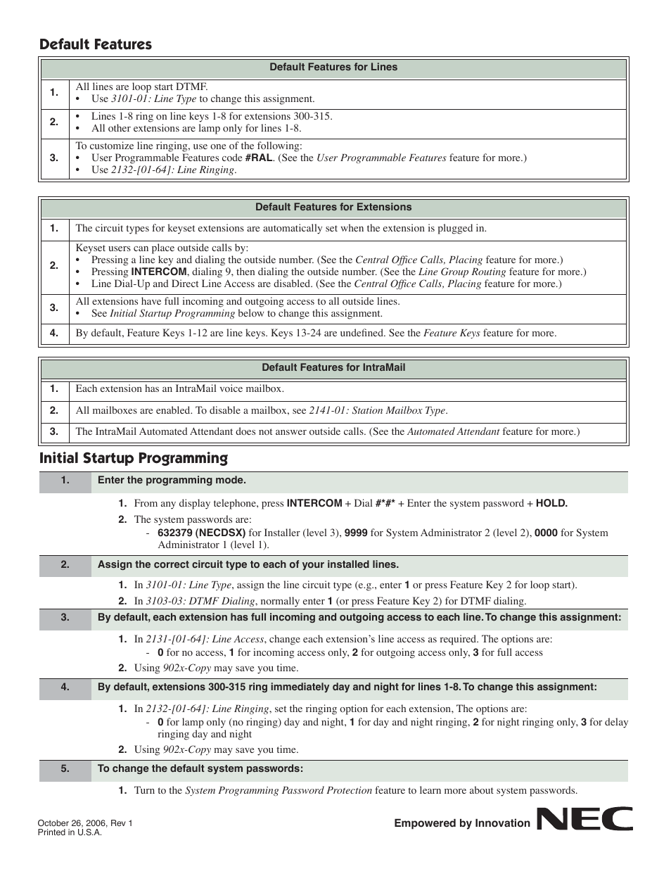 Default features initial startup programming | NEC DSX-40 User Manual | Page 2 / 2