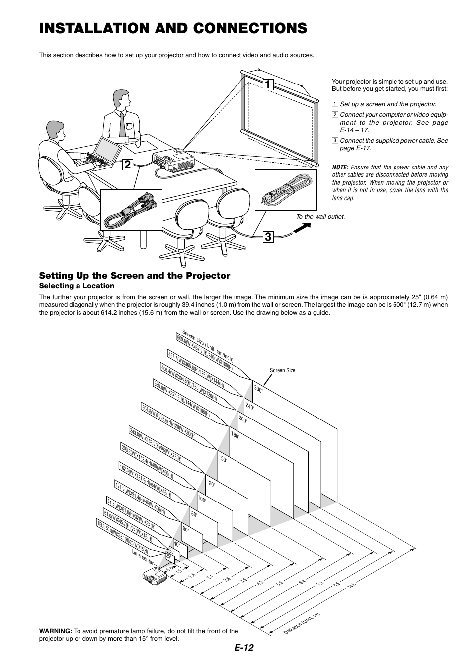 Installation and connections, E-12, Setting up the screen and the projector | NEC MT1065/MT1060 User Manual | Page 12 / 65