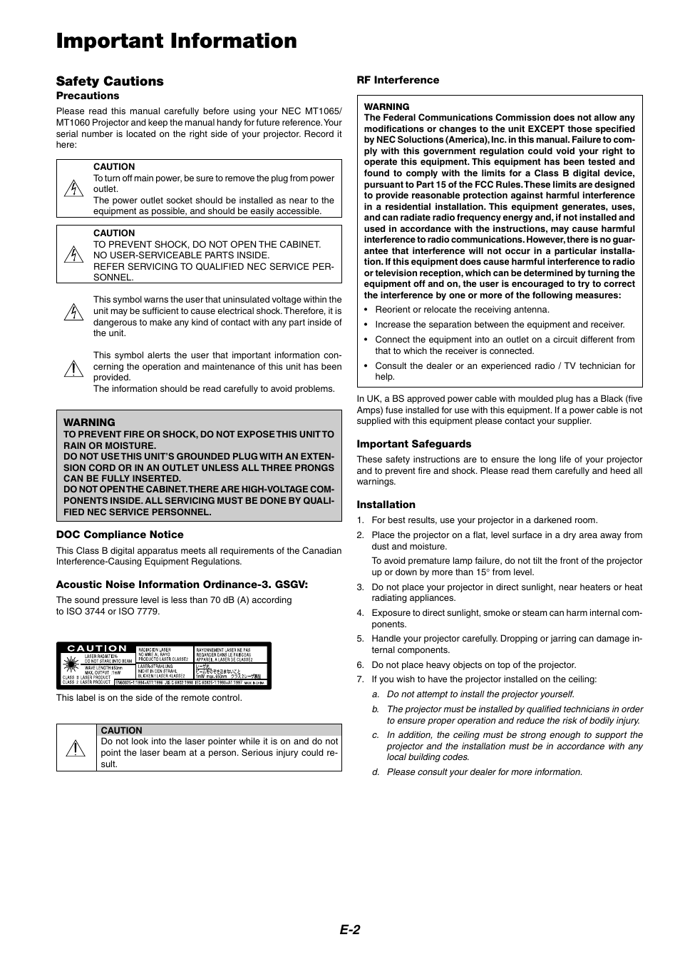 Important information, E-2 safety cautions | NEC MT1065/MT1060 User Manual | Page 2 / 65