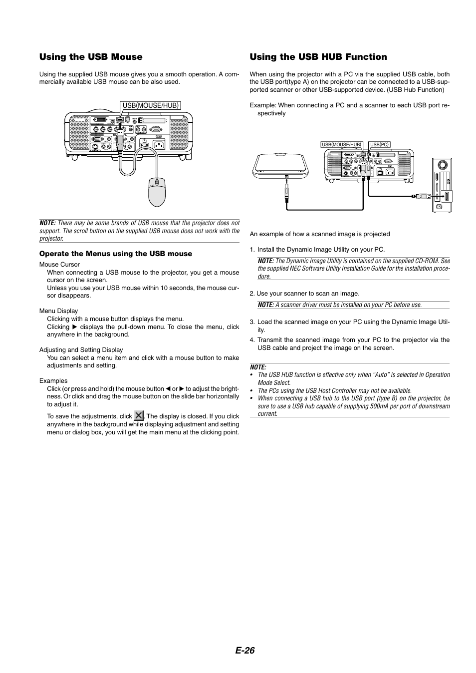E-26 using the usb mouse, Using the usb hub function | NEC MT1065/MT1060 User Manual | Page 26 / 65