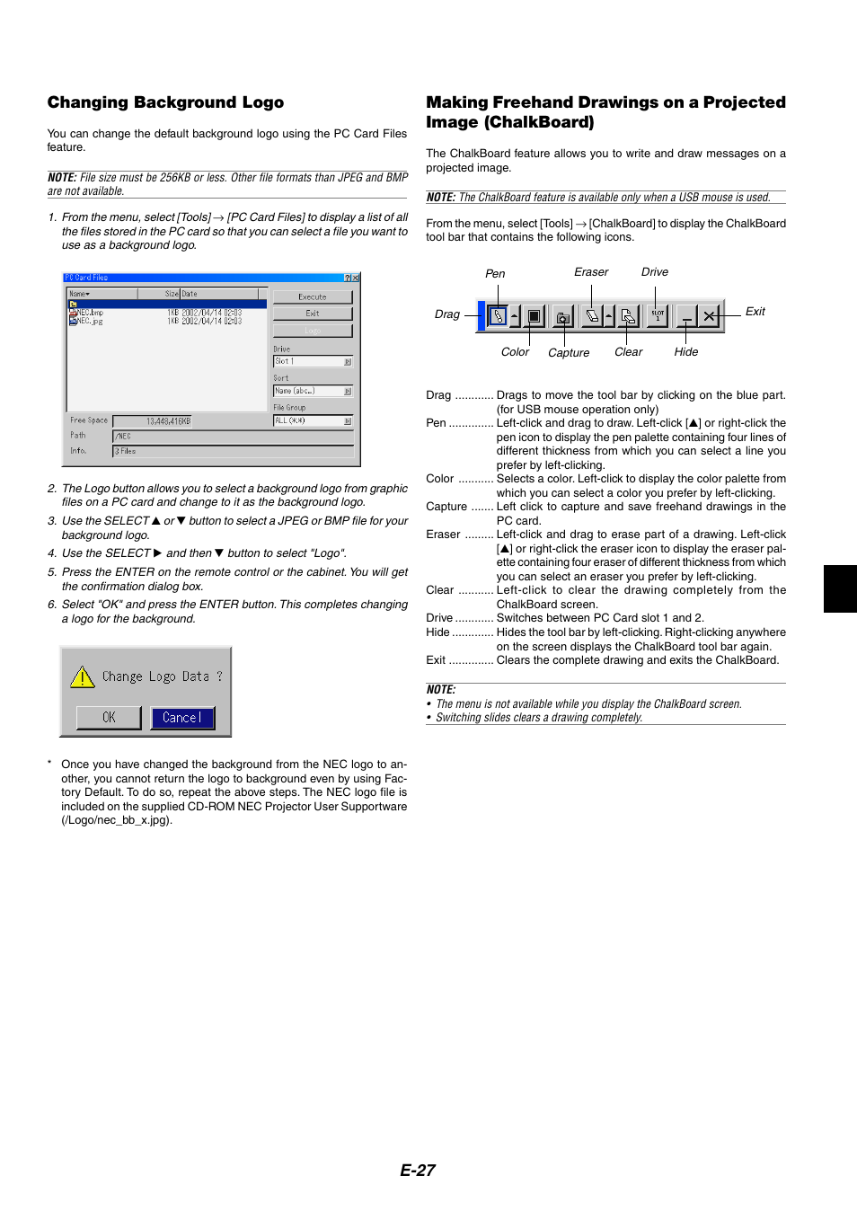 E-27 changing background logo | NEC MT1065/MT1060 User Manual | Page 27 / 65