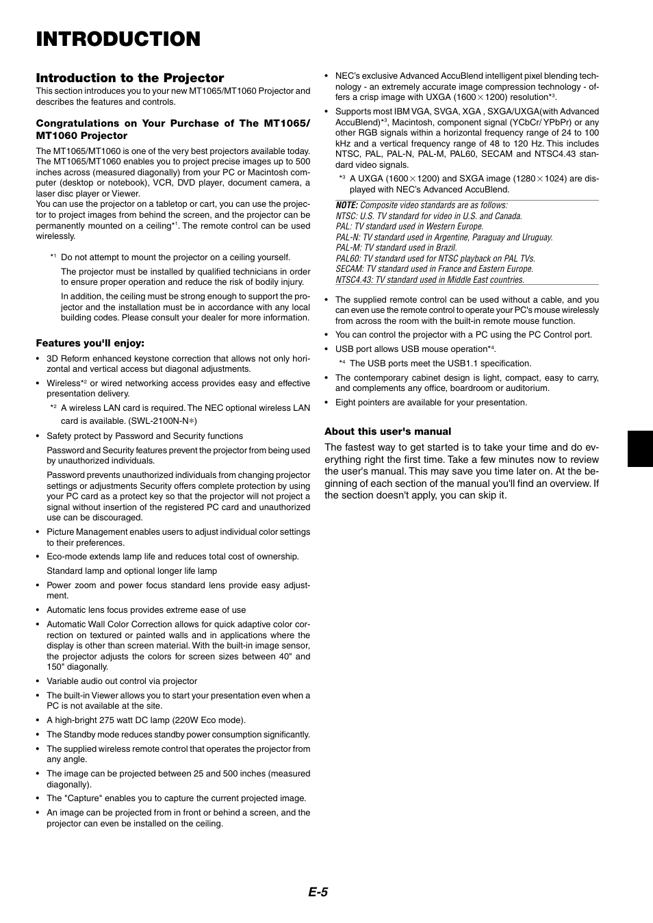 Introduction, Introduction to the projector | NEC MT1065/MT1060 User Manual | Page 5 / 65