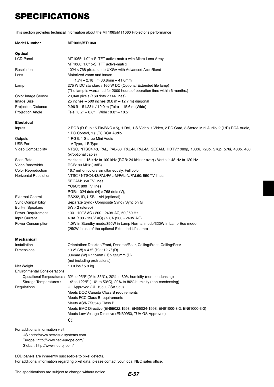 Specifications, E-57 | NEC MT1065/MT1060 User Manual | Page 57 / 65