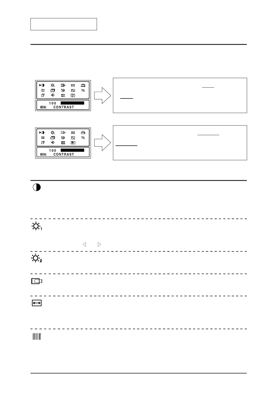 Adjustments, Menu screen, Adjustment item screen | Contrast, V. finetune, Brightness (black level), H. position, H. size, Backlight, I - 13 | NEC 1500M LA-1524HMW User Manual | Page 14 / 23