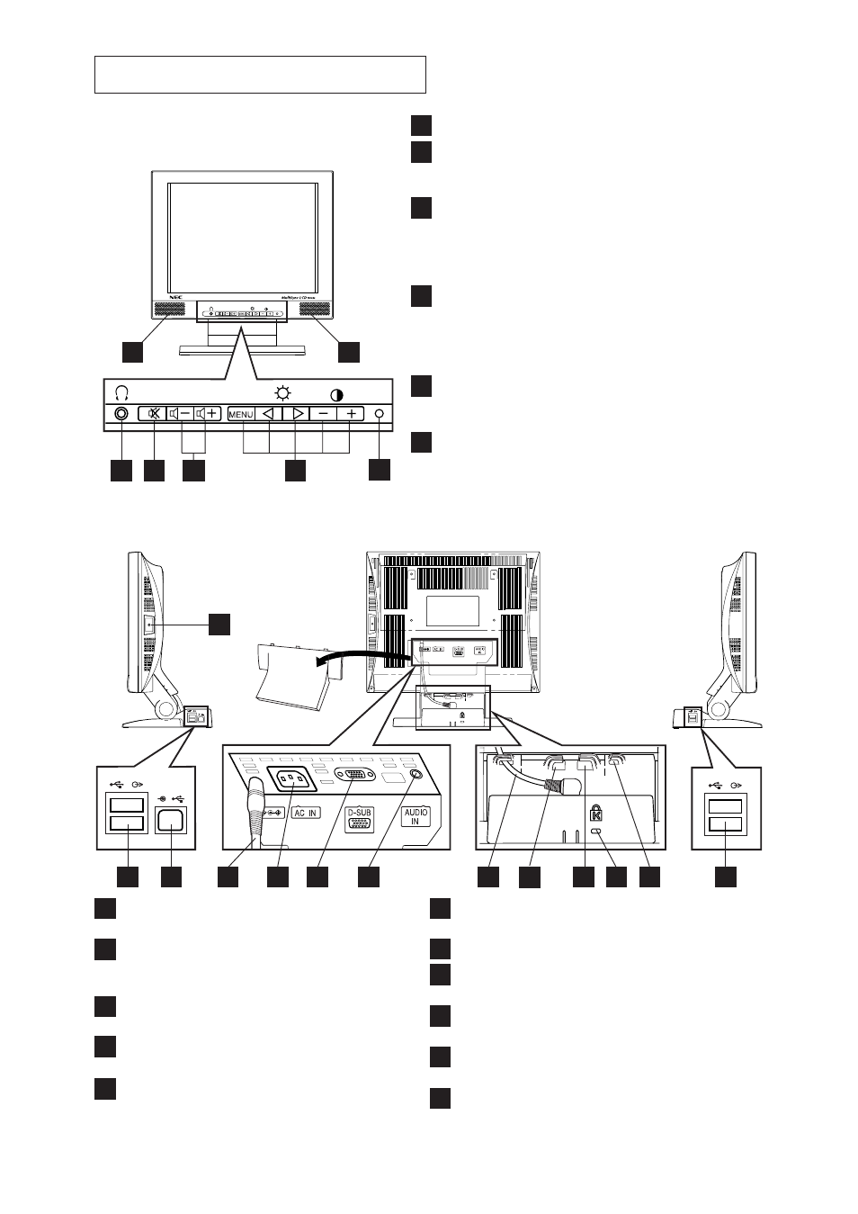 Names and functions, Front operation parts, Rear view and side view | NEC 1500M LA-1524HMW User Manual | Page 7 / 23