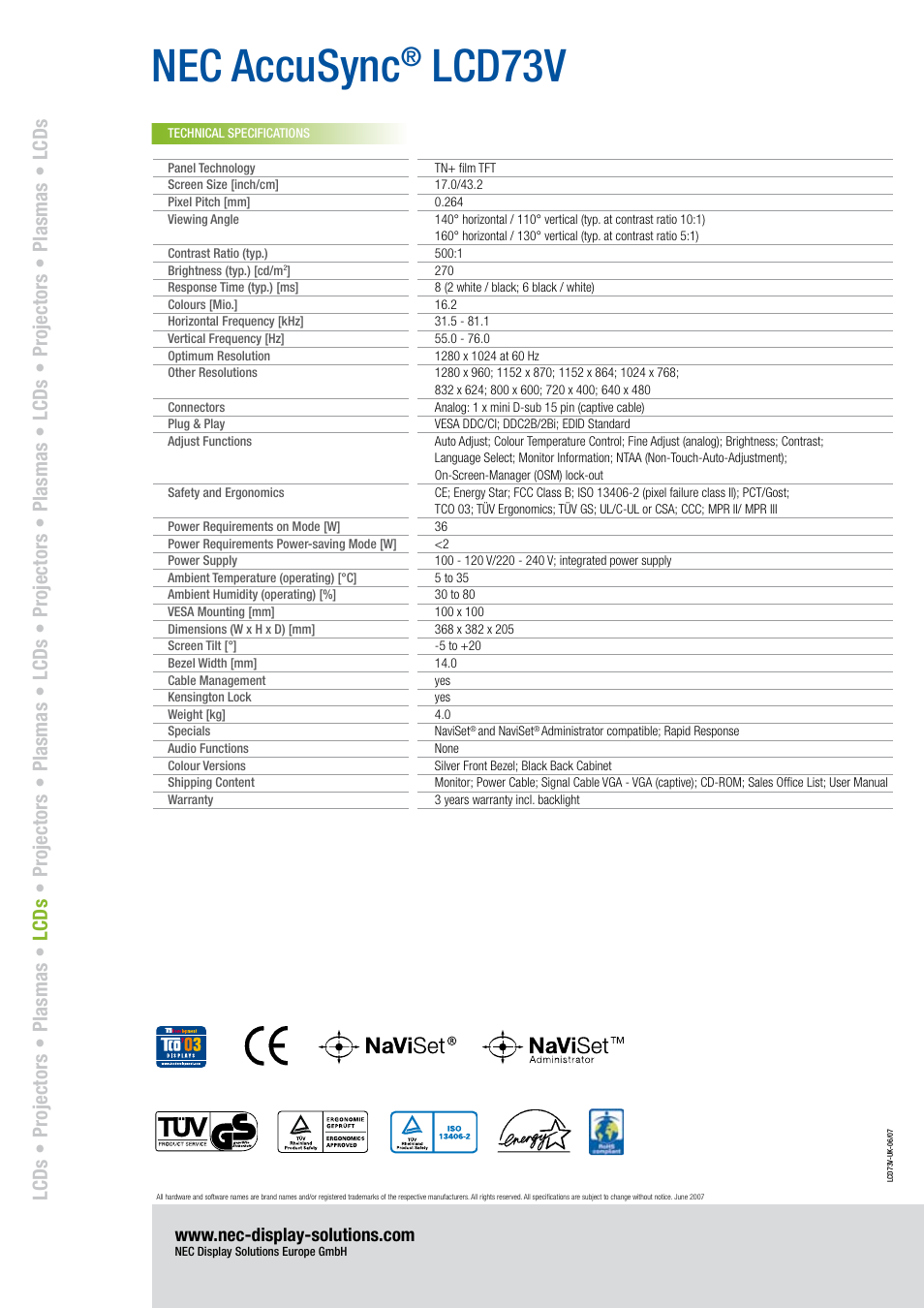 Nec accusync, Lcd73v | NEC 73V User Manual | Page 2 / 2