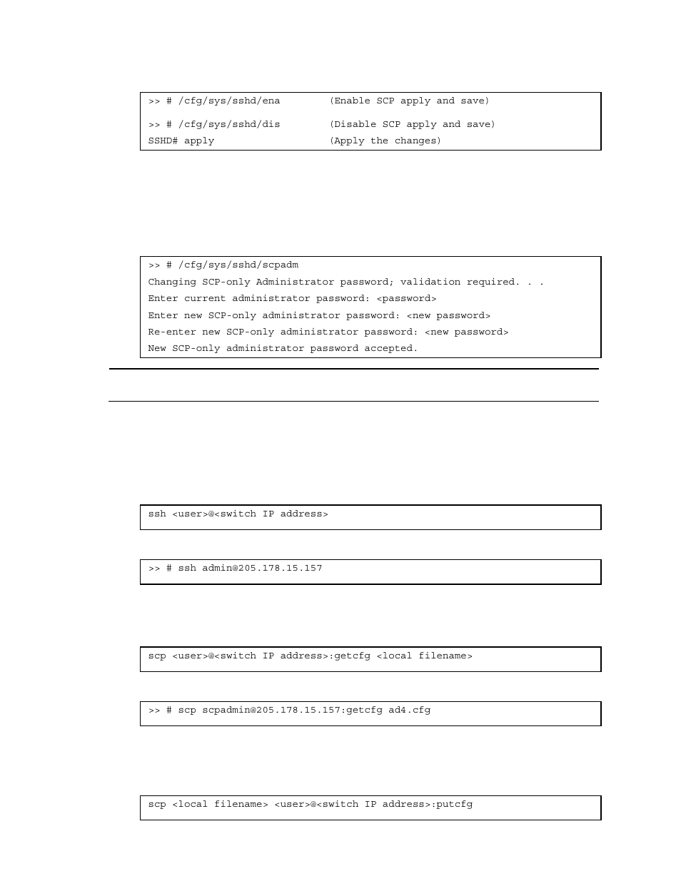 Enabling or disabling scp apply and save, Configuring the scp administrator password, Using ssh and scp client commands | Logging in to the switch, Uploading configuration to the switch using scp | NEC INTELLIGENT L2 SWITCH N8406-022A User Manual | Page 24 / 94