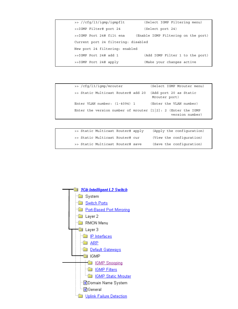 Configuring a static mrouter (cli example), Configuring igmp snooping (bbi example) | NEC INTELLIGENT L2 SWITCH N8406-022A User Manual | Page 67 / 94