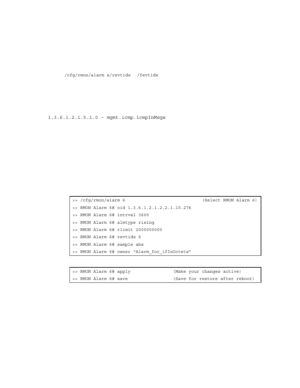 Rmon group 3 — alarms, Alarm mib objects, Configure rmon alarms (aos cli example 1) | NEC INTELLIGENT L2 SWITCH N8406-022A User Manual | Page 79 / 94