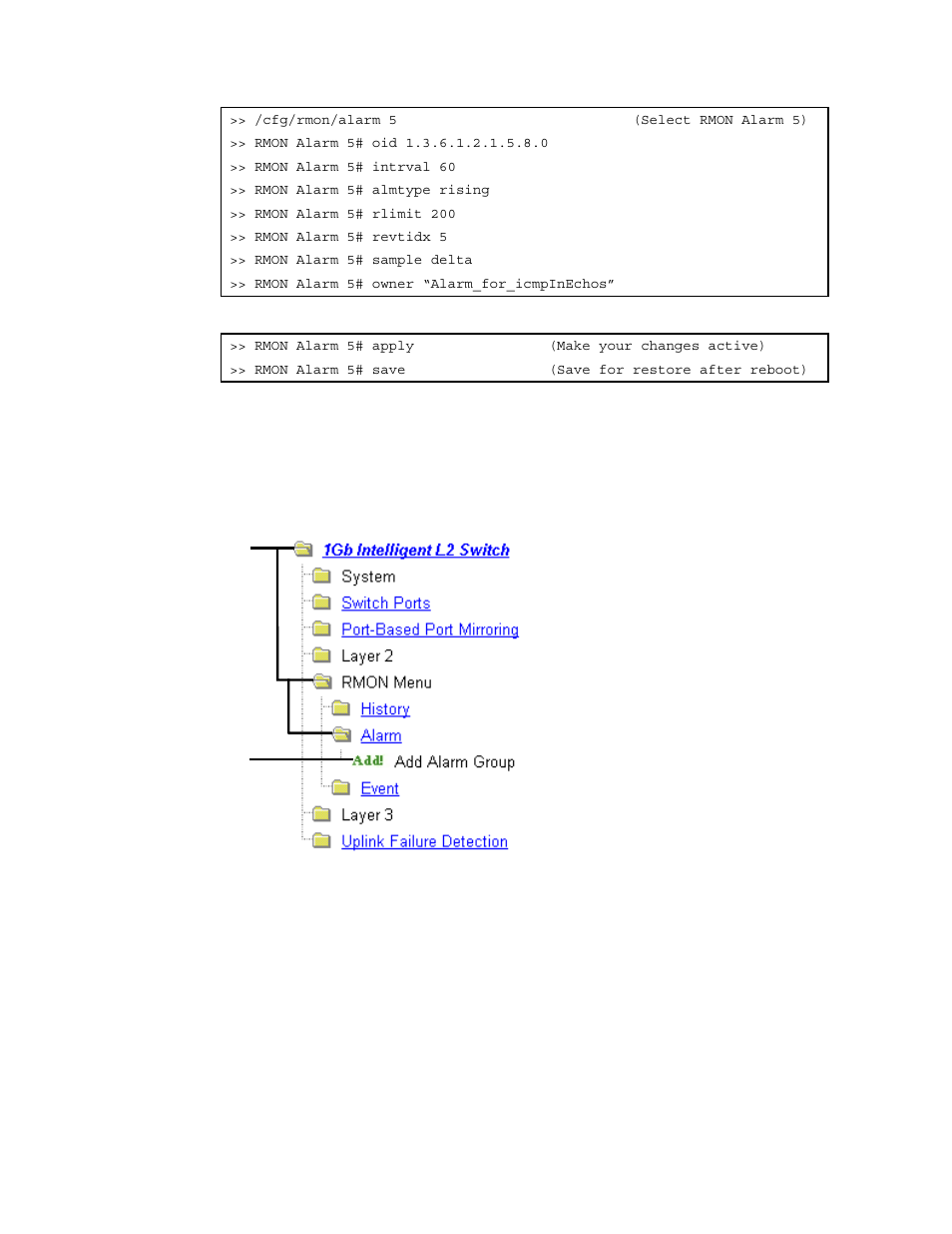 Configure rmon alarms (aos cli example 2), Configure rmon alarms (bbi example 1) | NEC INTELLIGENT L2 SWITCH N8406-022A User Manual | Page 80 / 94
