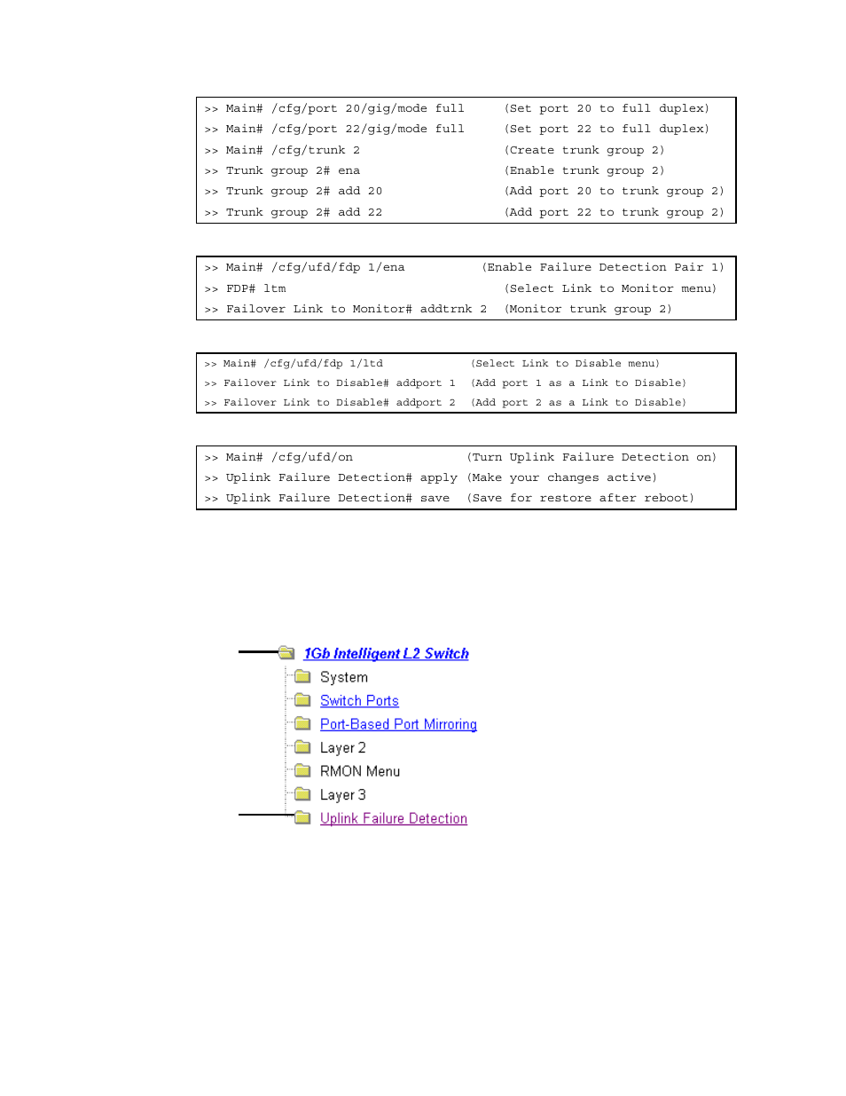 Configuring ufd on switch 2 (aos cli example), Configuring uplink failure detection (bbi example) | NEC INTELLIGENT L2 SWITCH N8406-022A User Manual | Page 88 / 94