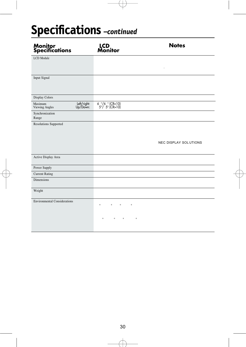 Specifications, Continued, Monitor lcd specifications monitor | NEC LCD1504M User Manual | Page 32 / 41