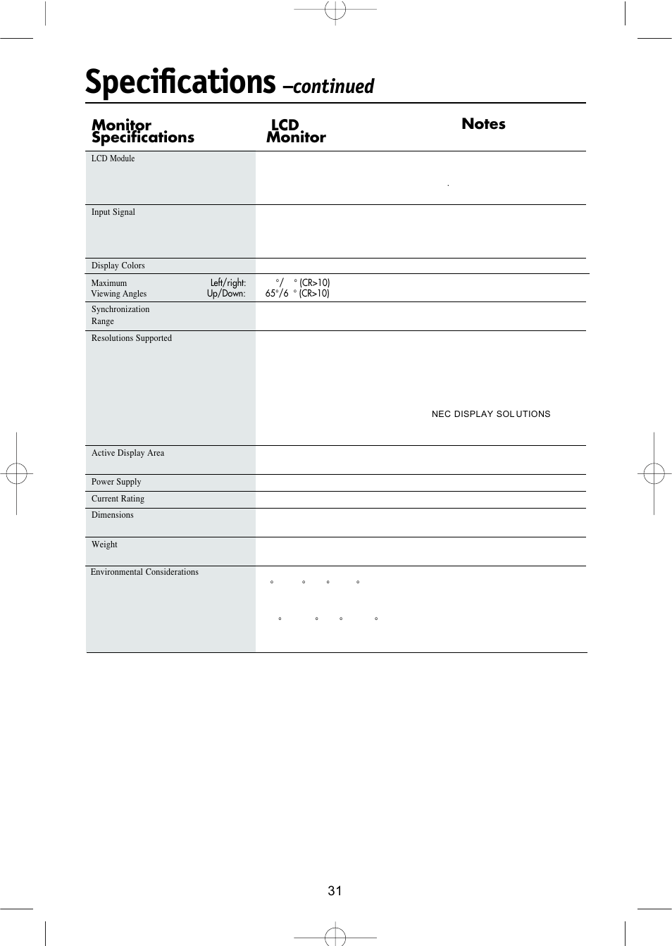 Specifications, Continued, Monitor lcd specifications monitor | NEC LCD1504M User Manual | Page 33 / 41