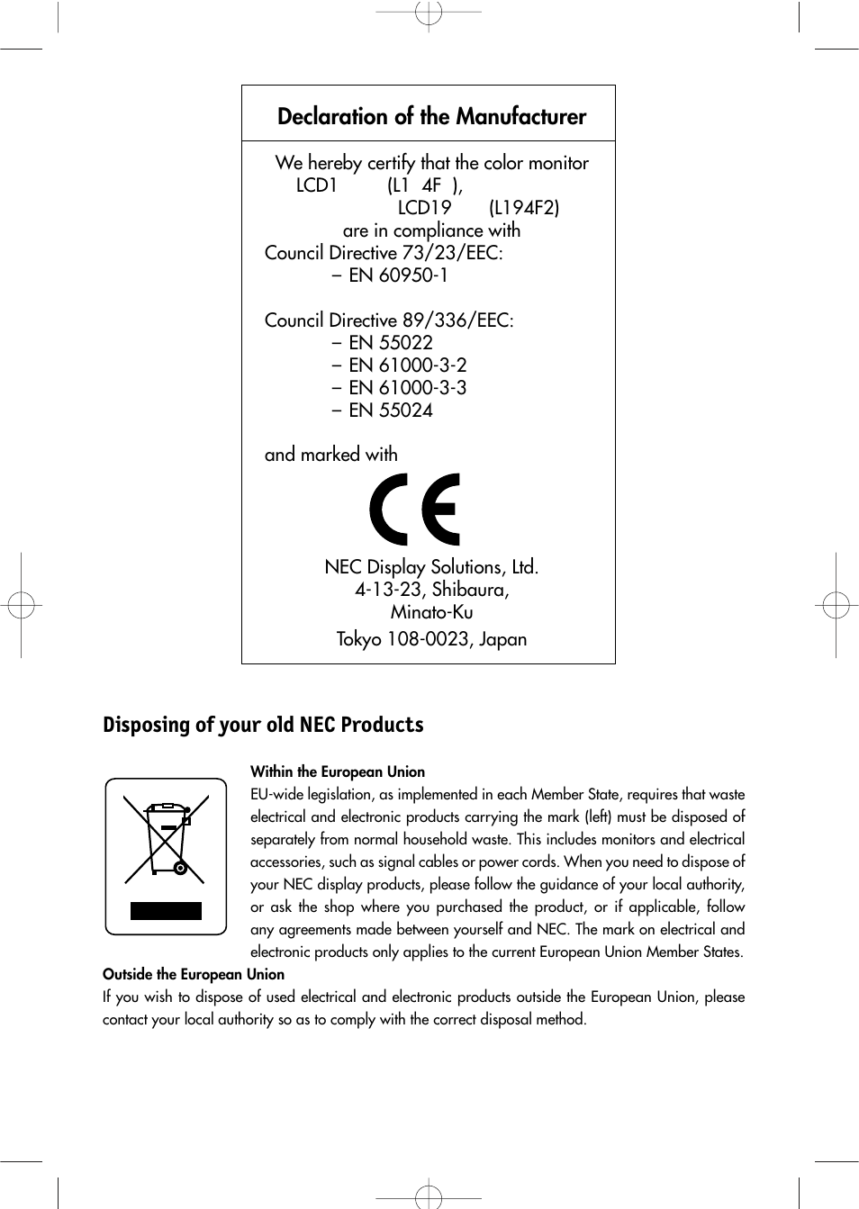 Jtqptjohpgzpvspme/&$1spevdut, Declaration of the manufacturer | NEC LCD1504M User Manual | Page 39 / 41