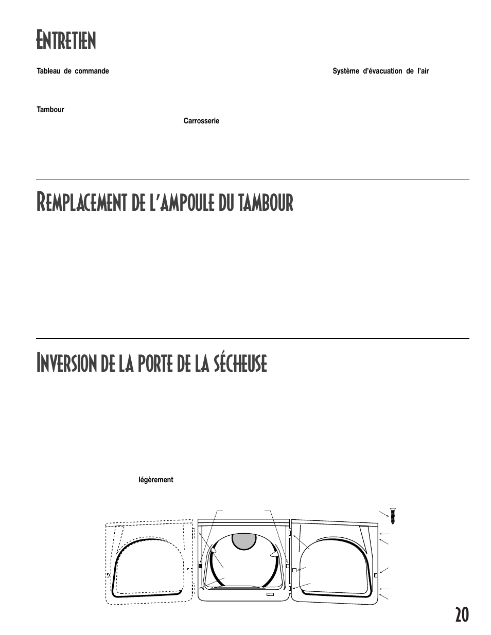 Ntretien, Emplacement de l’ampoule du tambour, Nversion de la porte de la sécheuse | NEC INTELLIDRY MD-15 User Manual | Page 21 / 36