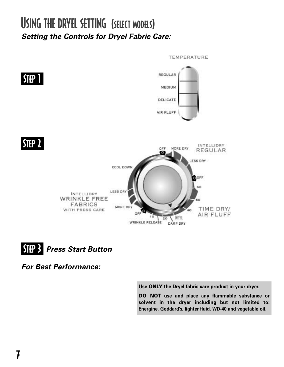 Sing the dryel setting, Select models), Step 1 step 3 step 2 | NEC INTELLIDRY MD-15 User Manual | Page 8 / 36