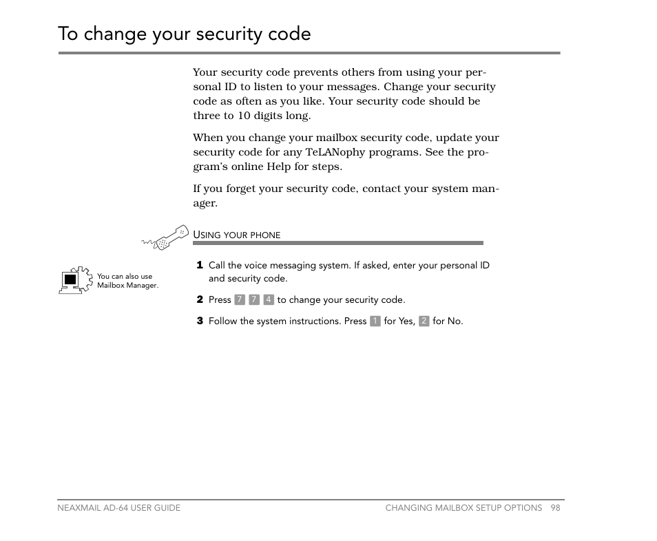 To change your security code | NEC NEAXMail AD-64 User Manual | Page 102 / 154