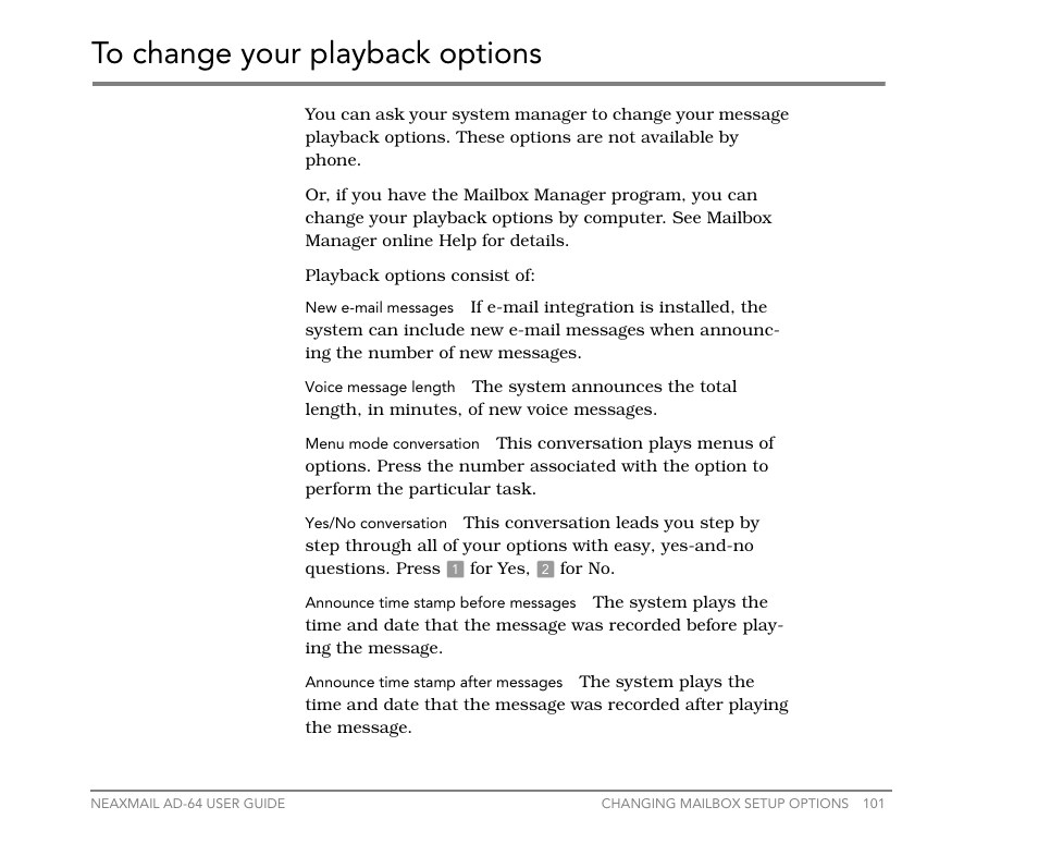 To change your playback options | NEC NEAXMail AD-64 User Manual | Page 105 / 154