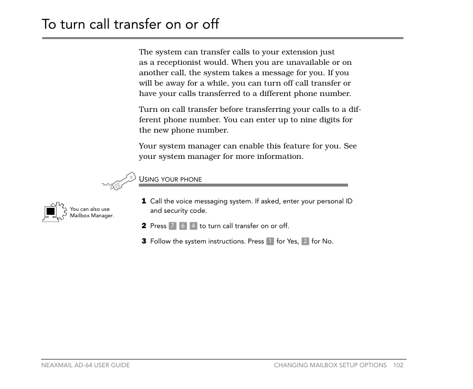 To turn call transfer on or off | NEC NEAXMail AD-64 User Manual | Page 106 / 154