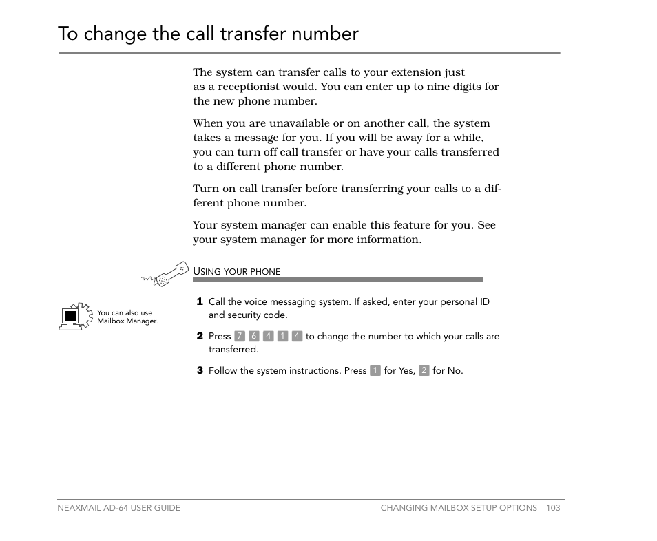 To change the call transfer number | NEC NEAXMail AD-64 User Manual | Page 107 / 154