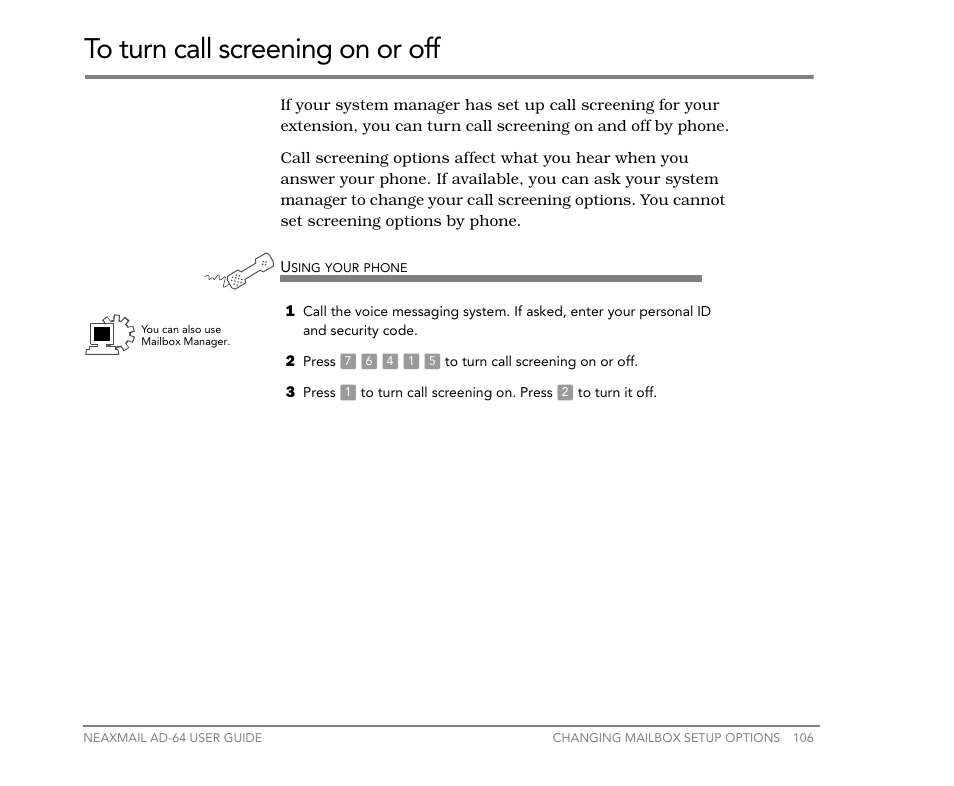 To turn call screening on or off | NEC NEAXMail AD-64 User Manual | Page 110 / 154