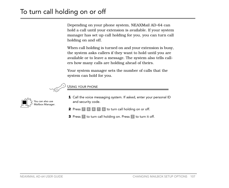 To turn call holding on or off | NEC NEAXMail AD-64 User Manual | Page 111 / 154