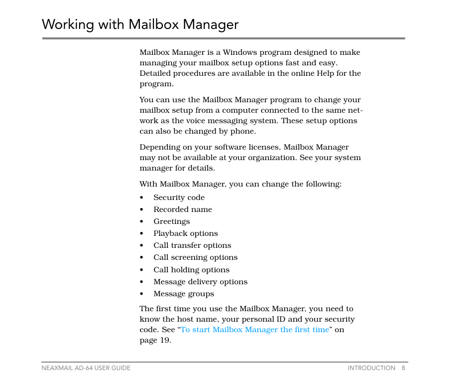 Working with mailbox manager | NEC NEAXMail AD-64 User Manual | Page 12 / 154