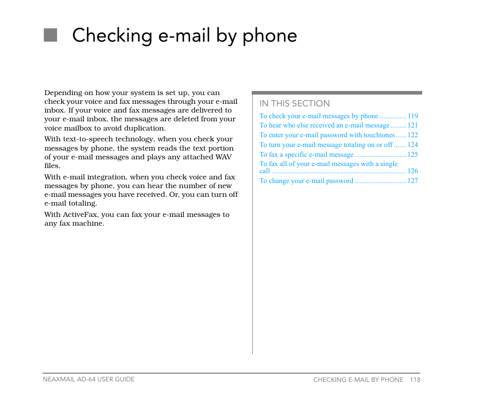 Checking e-mail by phone, Checking, E-mail by phone | Well. see, Checking e-mail by phone,” on, Nchecking e-mail by phone | NEC NEAXMail AD-64 User Manual | Page 122 / 154