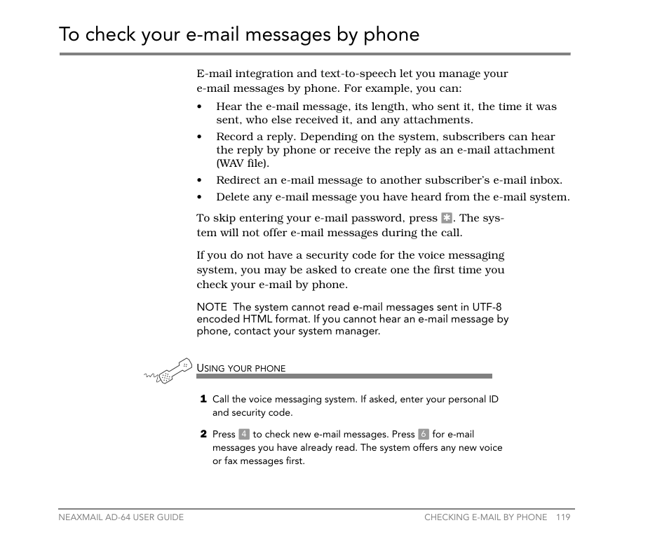 To check your e-mail messages by phone | NEC NEAXMail AD-64 User Manual | Page 123 / 154