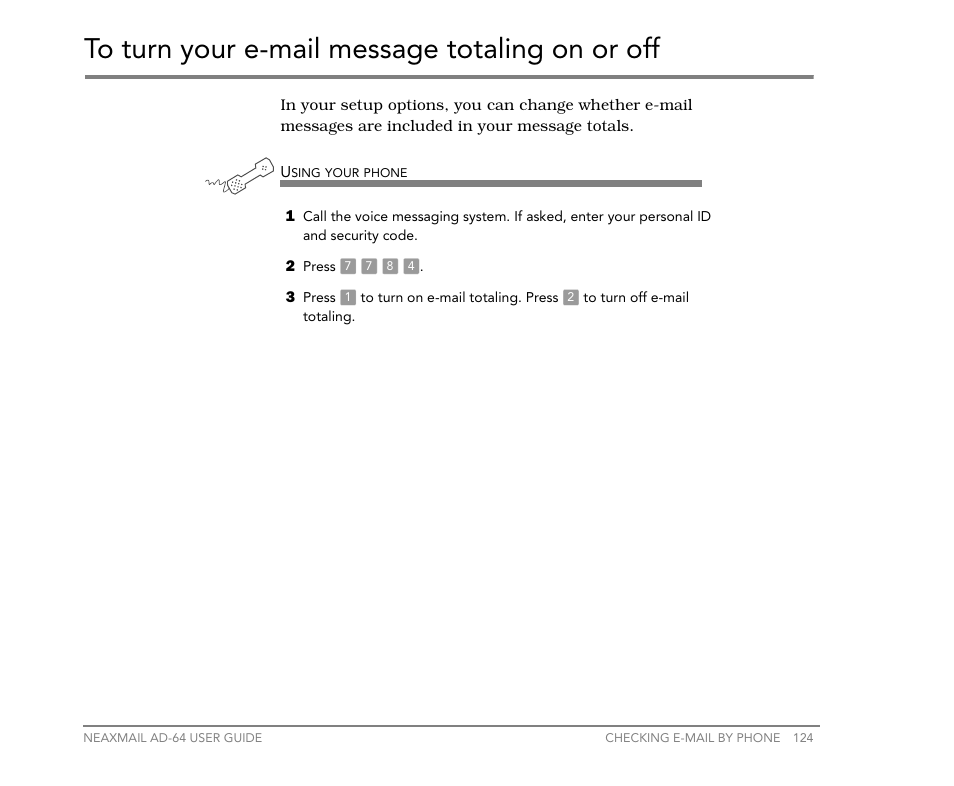 To turn your e-mail message totaling on or off | NEC NEAXMail AD-64 User Manual | Page 128 / 154