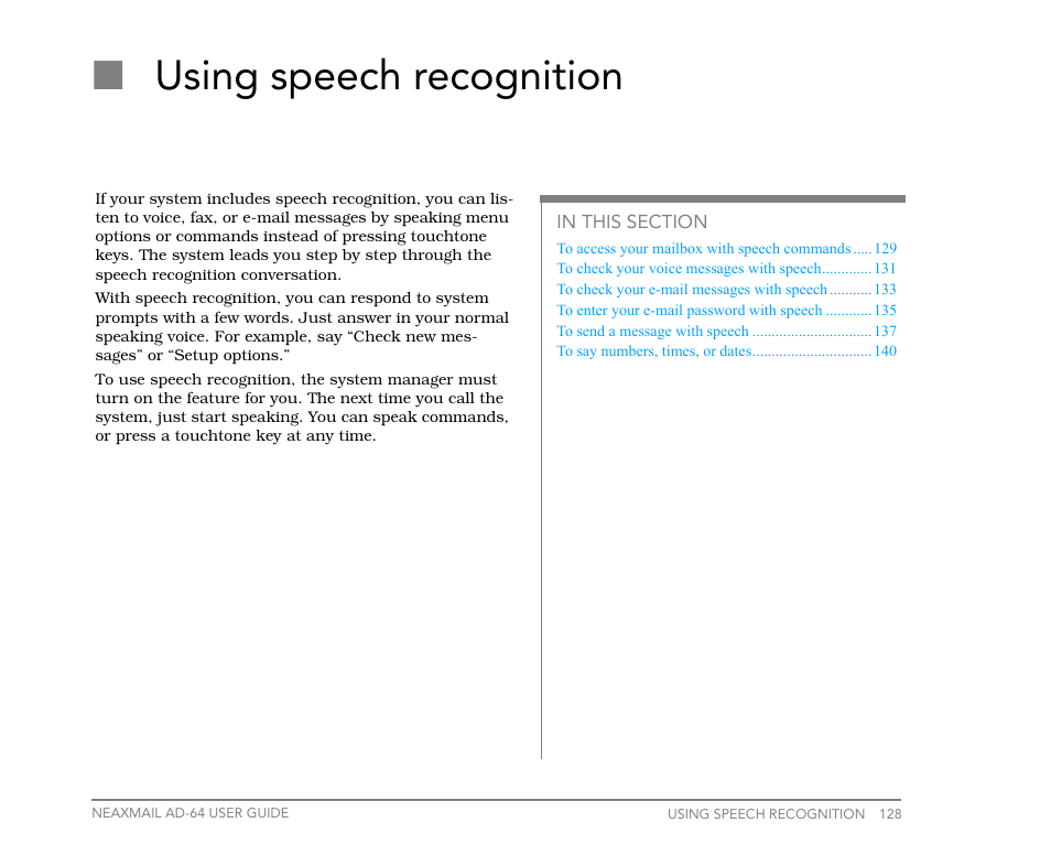 Using speech recognition, Oken commands. see, Commands. see | Using speech rec, Ognition, Nusing speech recognition | NEC NEAXMail AD-64 User Manual | Page 132 / 154