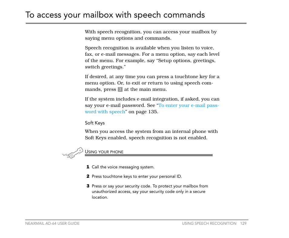 To access your mailbox with speech commands | NEC NEAXMail AD-64 User Manual | Page 133 / 154