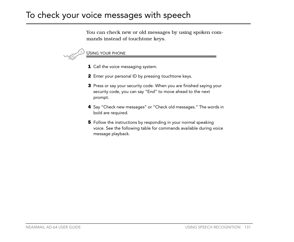 To check your voice messages with speech | NEC NEAXMail AD-64 User Manual | Page 135 / 154