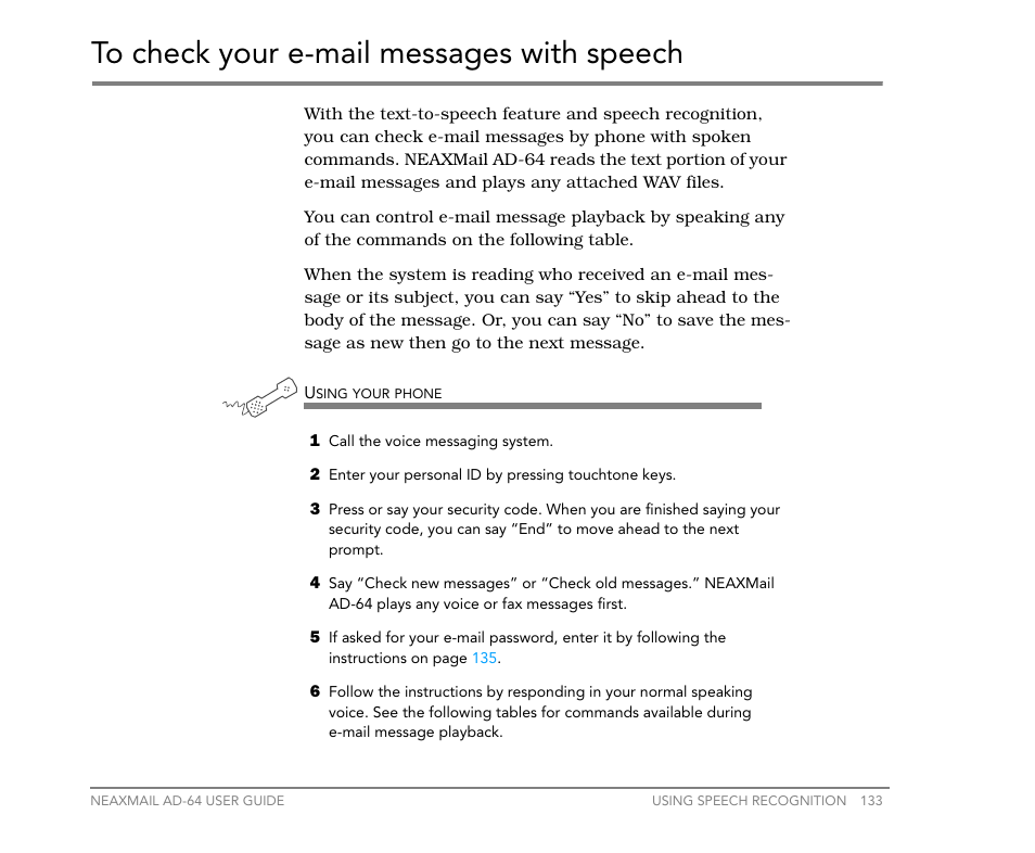 To check your e-mail messages with speech | NEC NEAXMail AD-64 User Manual | Page 137 / 154