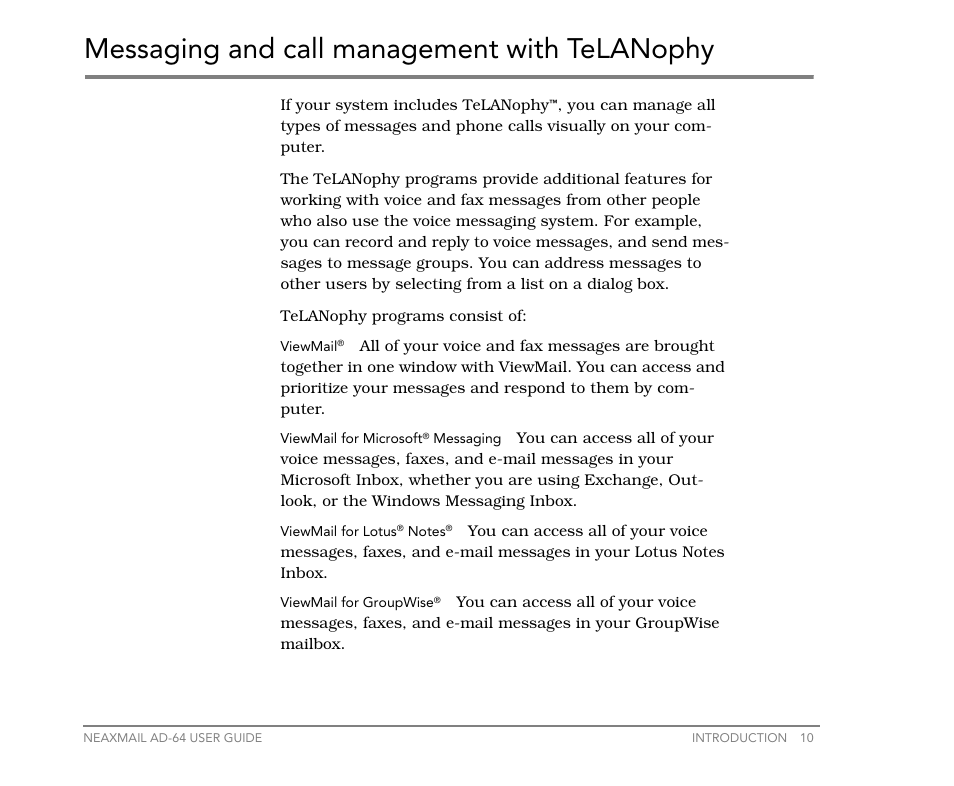 Messaging and call management with telanophy, Messaging and call management with, Telanophy | NEC NEAXMail AD-64 User Manual | Page 14 / 154