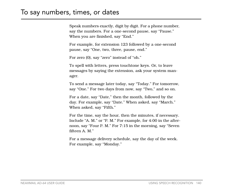 To say numbers, times, or dates | NEC NEAXMail AD-64 User Manual | Page 144 / 154