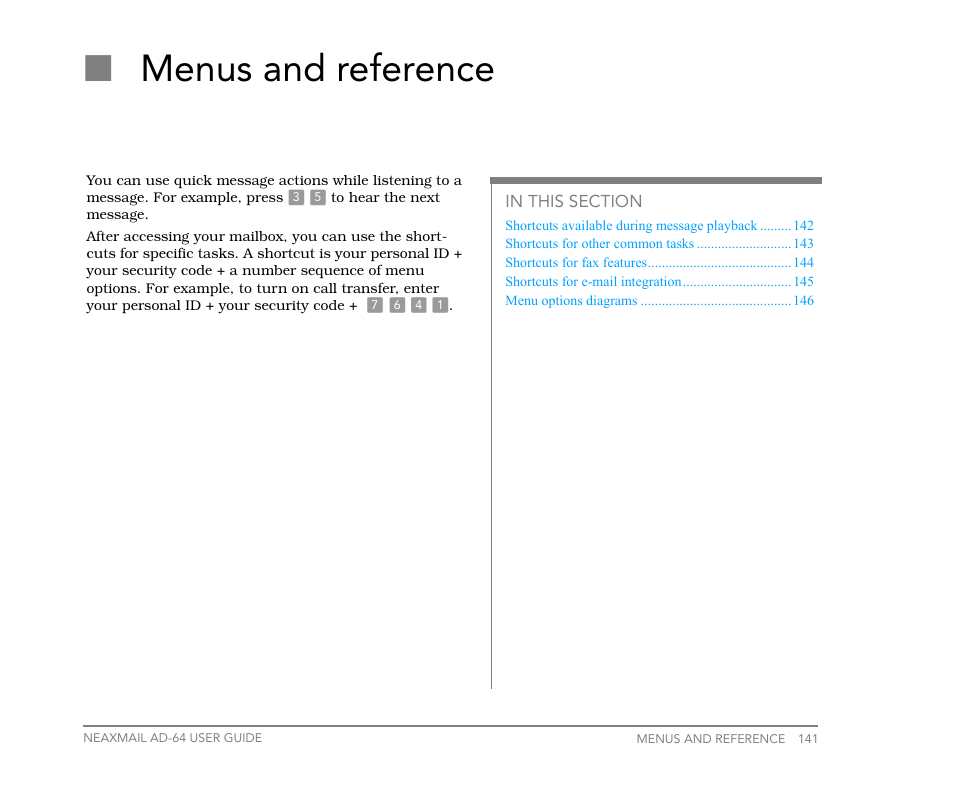 Menus and reference, Nmenus and reference | NEC NEAXMail AD-64 User Manual | Page 145 / 154