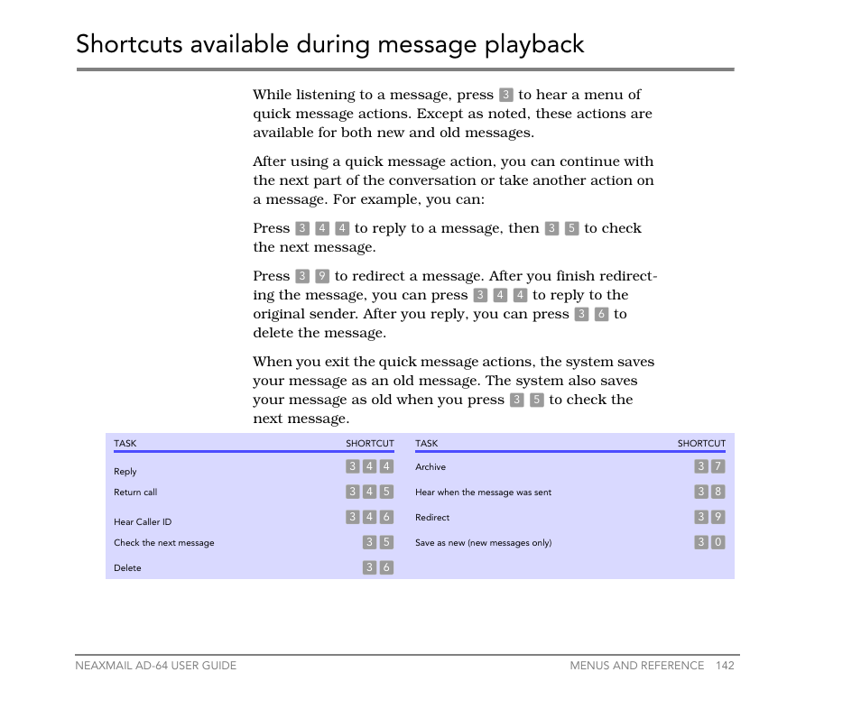 Shortcuts available during message playback | NEC NEAXMail AD-64 User Manual | Page 146 / 154