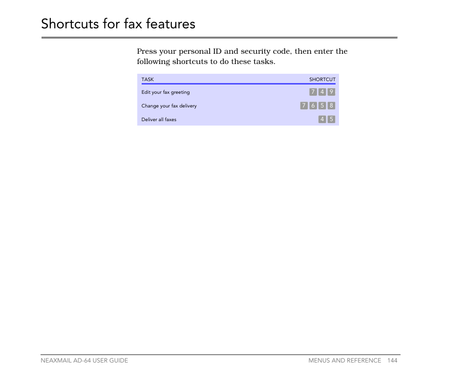 Shortcuts for fax features | NEC NEAXMail AD-64 User Manual | Page 148 / 154