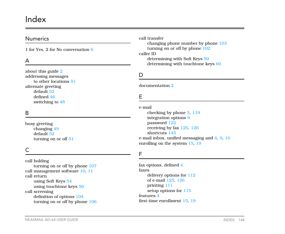 Index, Numerics | NEC NEAXMail AD-64 User Manual | Page 152 / 154