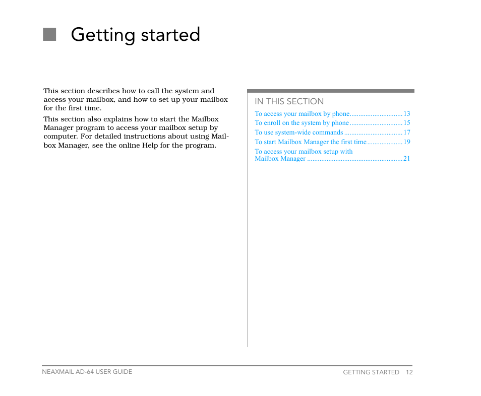 Getting started, Ngetting started | NEC NEAXMail AD-64 User Manual | Page 16 / 154