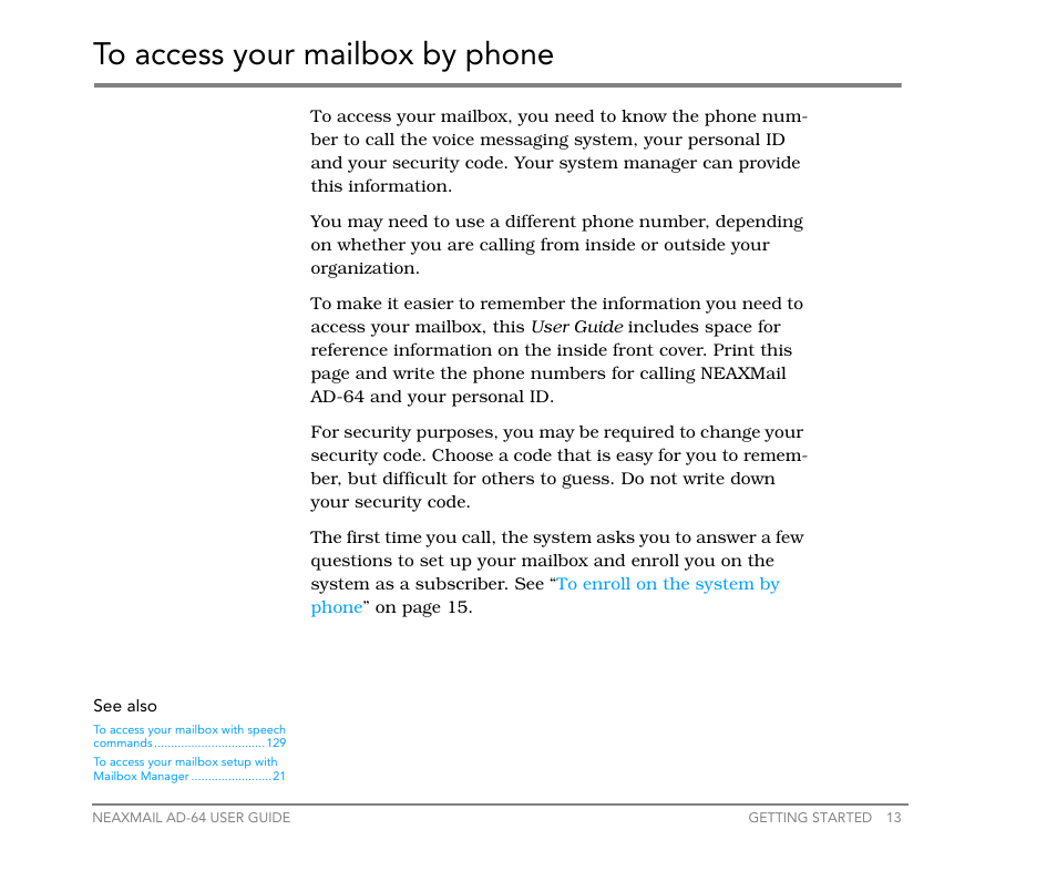 To access your mailbox by phone | NEC NEAXMail AD-64 User Manual | Page 17 / 154